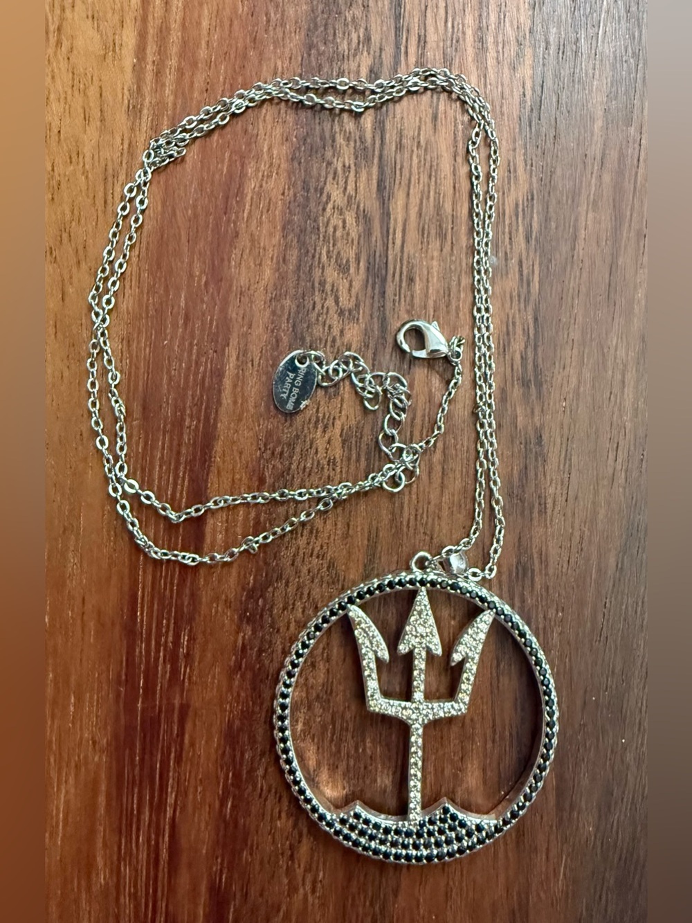 Ring Bomb Party Silver Tone Trident Pendant Necklace Pave Clear Rhinestones